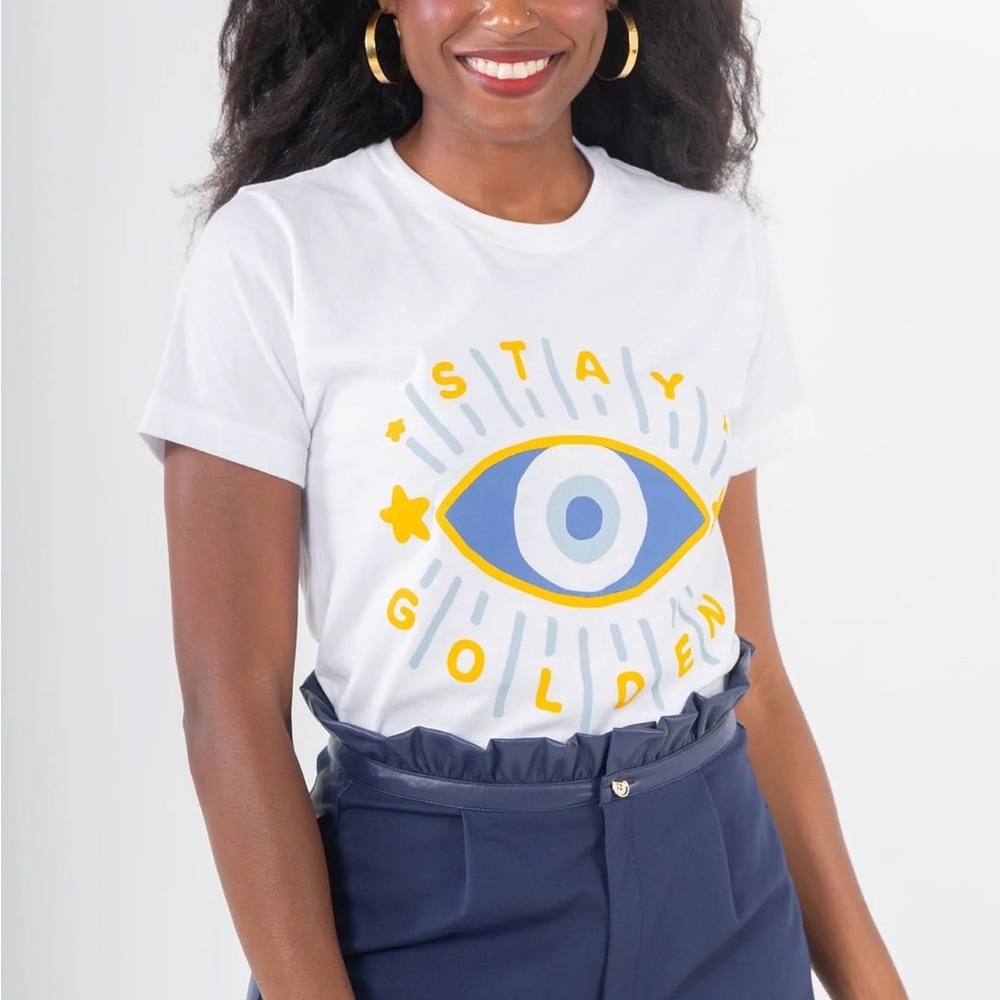 EMILY MCCARTHY Stay Golden Tshirt White Cotton Crewneck Short Sleeve Sz M NEW